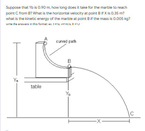 Suppose that Yb is 0.90 m, how long does it take for the marble to reach
point C from B? What is the horizontal velocity at point B if X is 0.35 m?
what is the kinetic energy of the marble at point B if the mass is 0.005 kg?
write the answers in this format: ex. t=18, v=1m/s, K=1J
curved path
B
Ya
table
Yo
