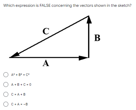 Which expression is FALSE concerning the vectors shown in the sketch?
C
B
A
O A + B = C-
O A +B + C = 0
O C = A + B
O C+A = -B

