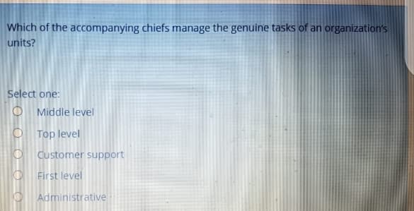 Which of the accompanying chiefs manage the genuine tasks of an organization's
units?
Select one:
O Middle level
O Top level
Customer support
First level
Administrative
