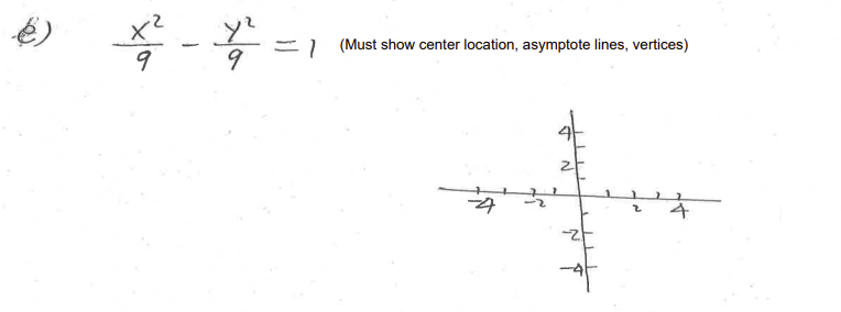 y?
=1 (Must show center location, asymptote lines, vertices)
|
