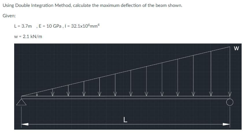 Using Double Integration Method, calculate the maximum deflection of the beam shown.
Given:
L = 3.7m , E = 10 GPa, I = 32.1x106mm4
w = 2.1 kN/m
L
W