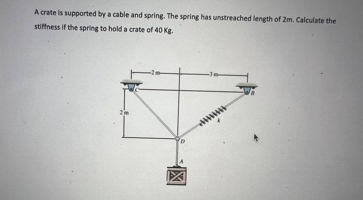 A crate is supported by a cable and spring. The spring has unstreached length of 2m. Calculate the
stiffness if the spring to hold a crate of 40 Kg.
-3 m
wwww
2 m

