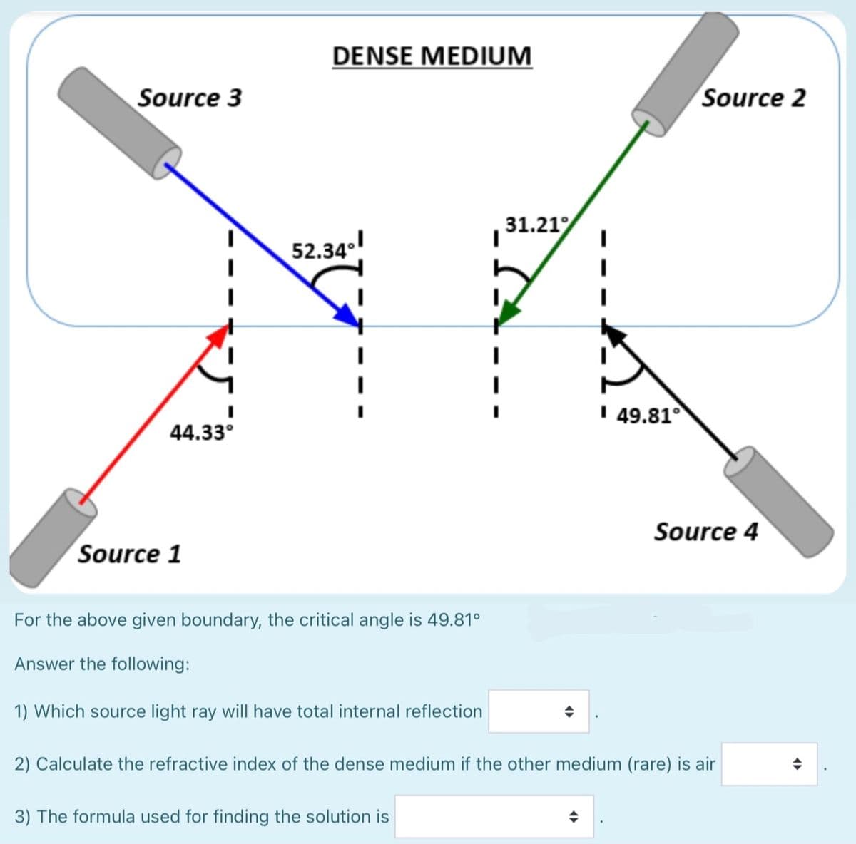 DENSE MEDIUM
Source 3
Source 2
31.21
52.34.l
I 49.81°
44.33°
Source 4
Source 1
For the above given boundary, the critical angle is 49.81°
Answer the following:
1) Which source light ray will have total internal reflection
2) Calculate the refractive index of the dense medium if the other medium (rare) is air
3) The formula used for finding the solution is
