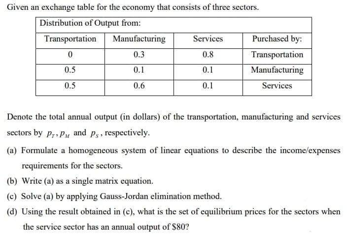 Given an exchange table for the economy that consists of three sectors.
Distribution of Output from:
Transportation
Manufacturing
Services
Purchased by:
0.3
0.8
Transportation
0.5
0.1
0.1
Manufacturing
0.5
0.6
0.1
Services
Denote the total annual output (in dollars) of the transportation, manufacturing and services
sectors by p,, PM and ps, respectively.
(a) Formulate a homogeneous system of linear equations to describe the income/expenses
requirements for the sectors.
(b) Write (a) as a single matrix equation.
(c) Solve (a) by applying Gauss-Jordan elimination method.
(d) Using the result obtained in (c), what is the set of equilibrium prices for the sectors when
the service sector has an annual output of $80?
