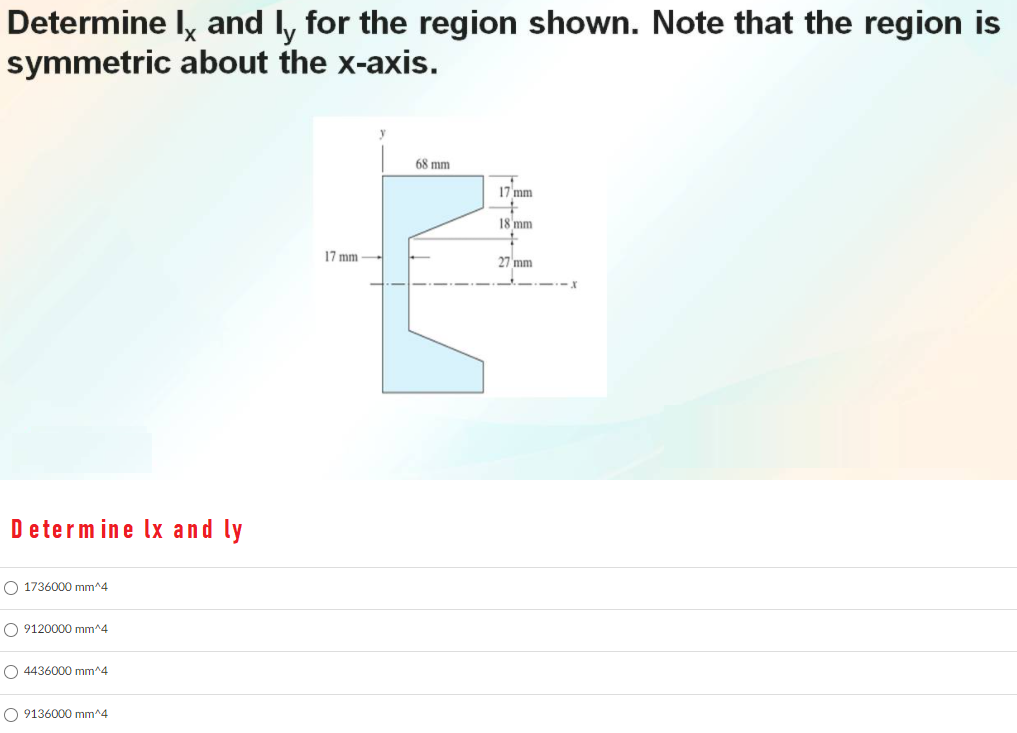 Determine ly and I, for the region shown. Note that the region is
symmetric about the x-axis.
68 mm
17'mm
18 mm
17 mm
27 mm
Determine lx and ly
O 1736000 mm^4
O 9120000 mm^4
O 4436000 mm^4
O 9136000 mm^4
