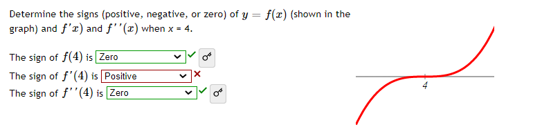 Determine the signs (positive, negative, or zero) of y = f(x) (shown in the
graph) and f'x) and f''(x) when x = 4.
The sign of f(4) is Zero
The sign of f'(4) is Positive
The sign of f''(4) is Zero
