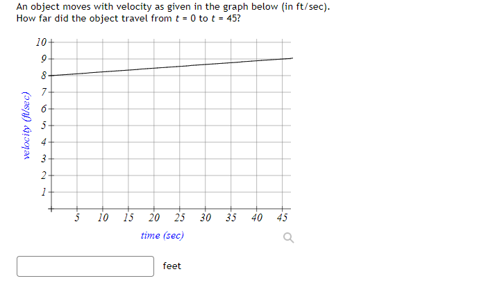 An object moves with velocity as given in the graph below (in ft/sec).
How far did the object travel from t = 0 to t = 45?
10+
8-
7-
6-
3
1.
5
10 15
20
25
30 35
40
45
time (sec)
feet
2.
