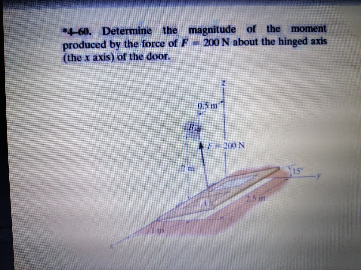 4-60. Determine the magnitude of the moment
produced by the force of F = 200 N about the hinged axis
(the x axis) of the door.
0.5 m
F=200 N
15
25m
