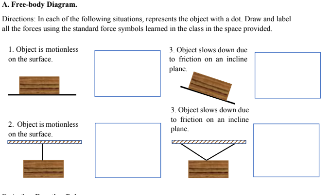 A. Free-body Diagram.
Directions: In each of the following situations, represents the object with a dot. Draw and label
all the forces using the standard force symbols learned in the class in the space provided.
1. Object is motionless
on the surface.
3. Object slows down due
to friction on an incline
plane.
3. Object slows down due
to friction on an incline
2. Object is motionless
plane.
on the surface.
