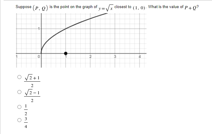 Suppose (P. o) is the point on the graph of y= closest to (1, 0) - What is the value of p +Q?
O V2+1
2
4
