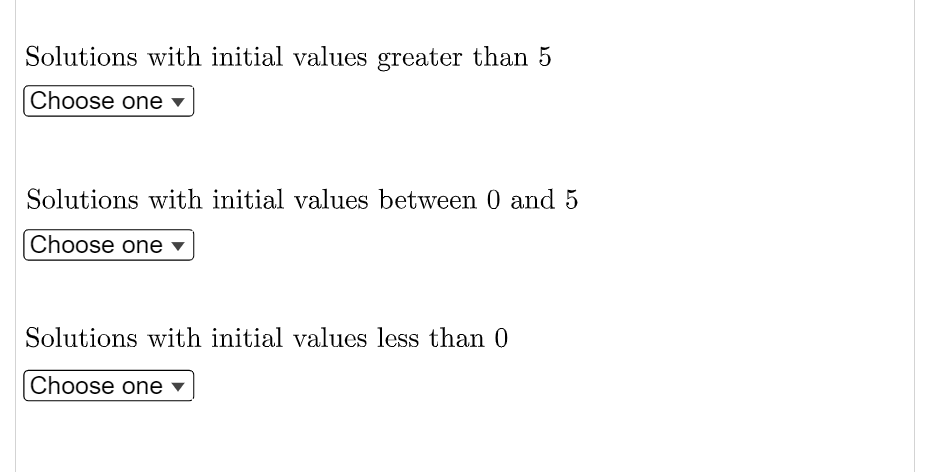 Solutions with initial values greater than 5
Choose one ▾
Solutions with initial values between 0 and 5
Choose one ▾
Solutions with initial values less than 0
Choose one