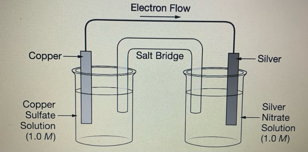 Electron Flow
Copper-
Salt Bridge
Silver
Copper
Sulfate
Solution
Silver
Nitrate
Solution
(1.0 M)
(1.0 M)
