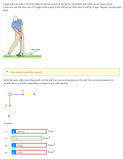 A golf ball is launched with the initial conditions shown in the figure. Determine the radius of curvature of the
trajectory and the time rate of change of the speed of the ball (a) just after launch and (b) at apex. Neglect aerodynamic
drag.
160 mi/hr
180
Your answer is partially correct.
(b) At the apex, determine the speed vof the ball, the total acceleration a of the ball, the normal component of
acceleration an and the tangential component of acceleration a.
a
Answers:
i
234.67
ft/sec
| tU/sec2
32.2
30.62
ft/sec2
On =
| ft/sec2
at =
i
9.95
