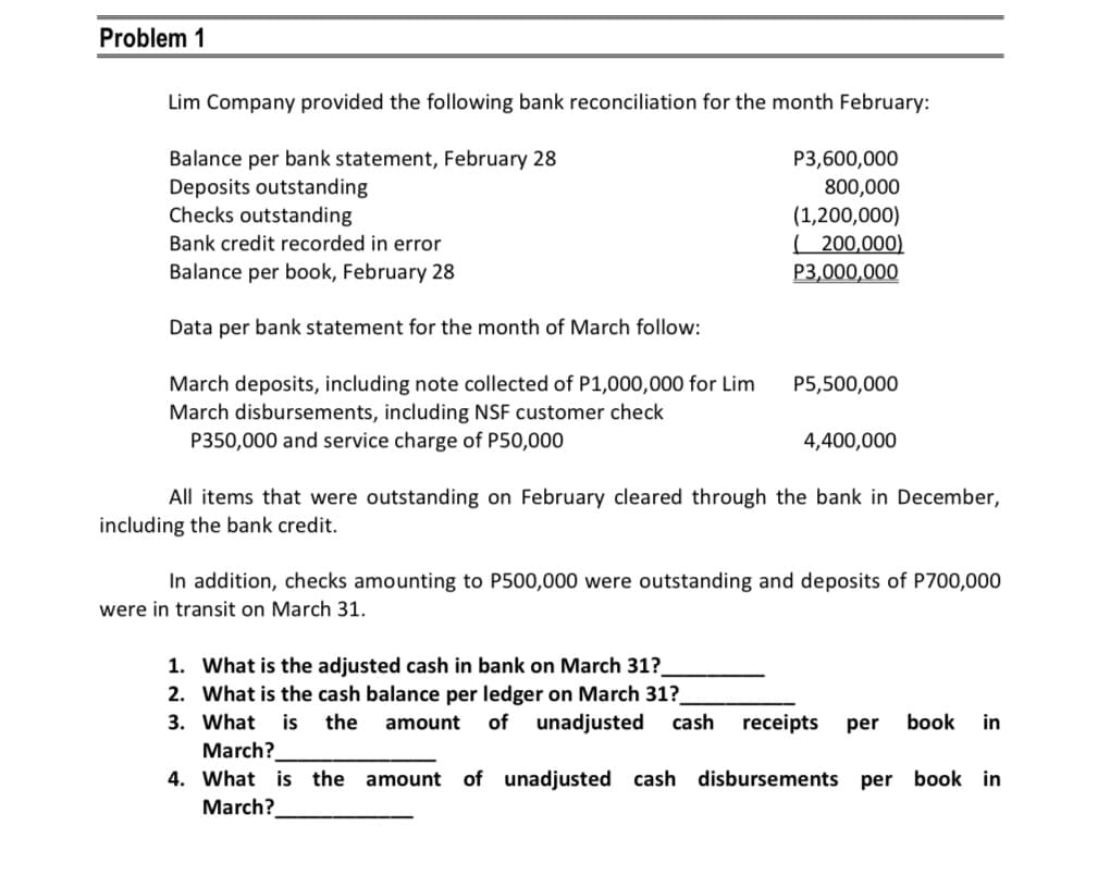 Problem 1
Lim Company provided the following bank reconciliation for the month February:
Balance per bank statement, February 28
Deposits outstanding
Checks outstanding
Bank credit recorded in error
Balance per book, February 28
Data per bank statement for the month of March follow:
March deposits, including note collected of P1,000,000 for Lim
March disbursements, including NSF customer check
P350,000 and service charge of P50,000
P3,600,000
800,000
(1,200,000)
(200,000)
P3,000,000
P5,500,000
4,400,000
All items that were outstanding on February cleared through the bank in December,
including the bank credit.
In addition, checks amounting to P500,000 were outstanding and deposits of P700,000
were in transit on March 31.
1. What is the adjusted cash in bank on March 31?_
2. What is the cash balance per ledger on March 31?_
3. What is the amount of unadjusted cash receipts per book in
March?
4. What is the amount of unadjusted cash disbursements
per book in
March?