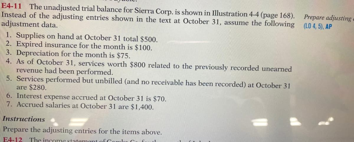 E4-11 The unadjusted trial balance for Sierra Corp. is shown in Illustration 4-4 (page 168). Prepare adjusting
Instead of the adjusting entries shown in the text at October 31, assume the following (LO 4, 5), AP
adjustment data.
1. Supplies on hand at October 31 total $500.
2. Expired insurance for the month is $100.
3. Depreciation for the month is $75.
4. As of October 31, services worth $800 related to the previously recorded unearned
revenue had been performed.
5. Services performed but unbilled (and no receivable has been recorded) at October 31
are $280.
6. Interest expense accrued at October 31 is $70.
7. Accrued salaries at October 31 are $1,400.
Instructions
Prepare the adjusting entries for the items above.
F4.12
The incom
