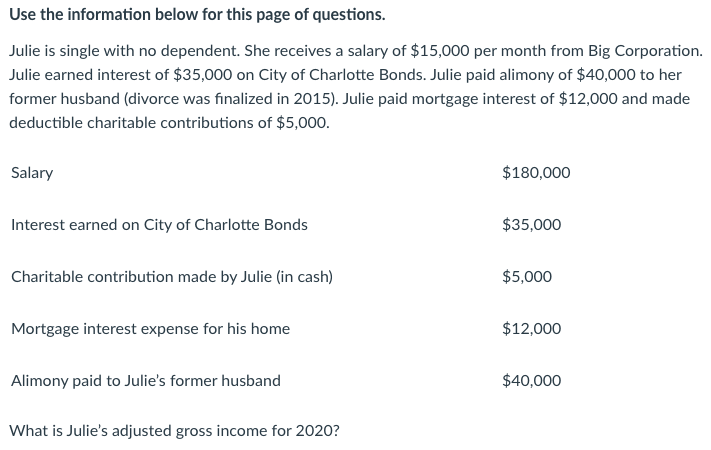 Use the information below for this page of questions.
Julie is single with no dependent. She receives a salary of $15,000 per month from Big Corporation.
Julie earned interest of $35,000 on City of Charlotte Bonds. Julie paid alimony of $40,000 to her
former husband (divorce was finalized in 2015). Julie paid mortgage interest of $12,000 and made
deductible charitable contributions of $5,000.
Salary
$180,000
Interest earned on City of Charlotte Bonds
$35,000
Charitable contribution made by Julie (in cash)
$5,000
Mortgage interest expense for his home
$12,000
Alimony paid to Julie's former husband
$40,000
What is Julie's adjusted gross income for 2020?
