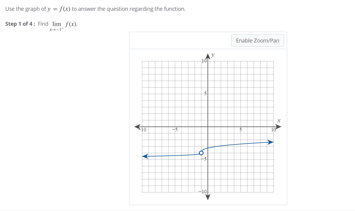 Use the graph of y = f(x) to answer the question regarding the function.
Step 1 of 4: Find lim f(x).
X-1-
Enable Zoom/Pan
10
10
10
