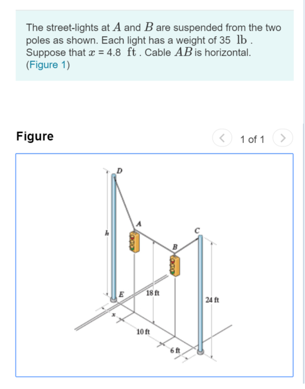 The street-lights at A and B are suspended from the two
poles as shown. Each light has a weight of 35 lb .
Suppose that x 4.8 ft. Cable AB is horizontal.
(Figure 1)
Figure
1 of 1
D
18 ft
E
24 ft
10 ft
6 ft
