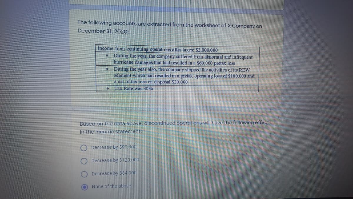 The following accounts are extracted from the worksheet of X Company on
December 31, 2020:
Income from continuing operati ons after taxes: $2,000,000
• During the year, the company suffered from abnormal and infrequent
hurricane damages that had resulted in a $60,000 pretax loss
During the year also, the company stopped the activities of its REW
segment which had resulted in a pretax operating loss of $100,000 and
a net of tax loss on di sposal $20.000
Tax Rate was 30%
Based on the data above, discontinued operations will have the following effect
in the income statement:
Decrease by $90,000
Decrease by $120.000
Decrease by $84,000
None of the above
