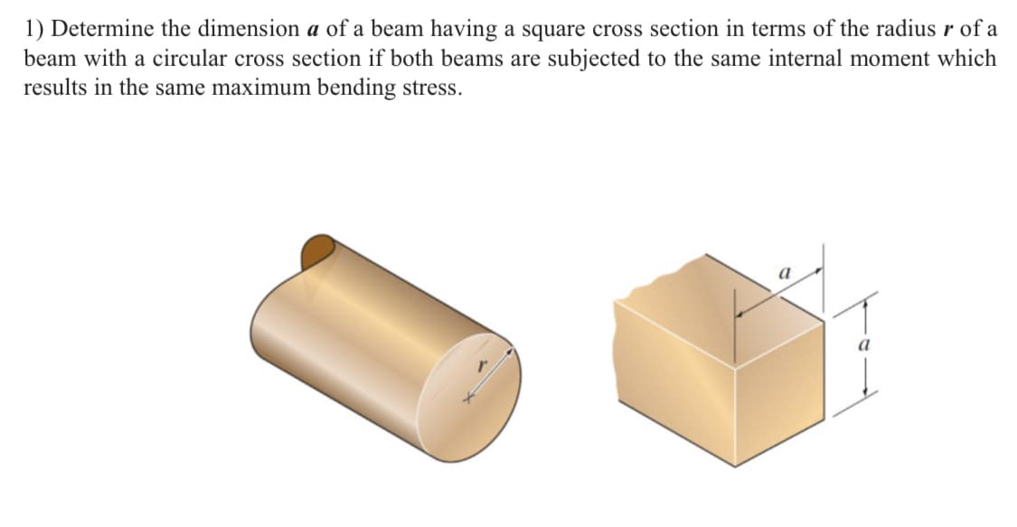 1) Determine the dimension a of a beam having a square cross section in terms of the radius r of a
beam with a circular cross section if both beams are subjected to the same internal moment which
results in the same maximum bending stress.
a
a