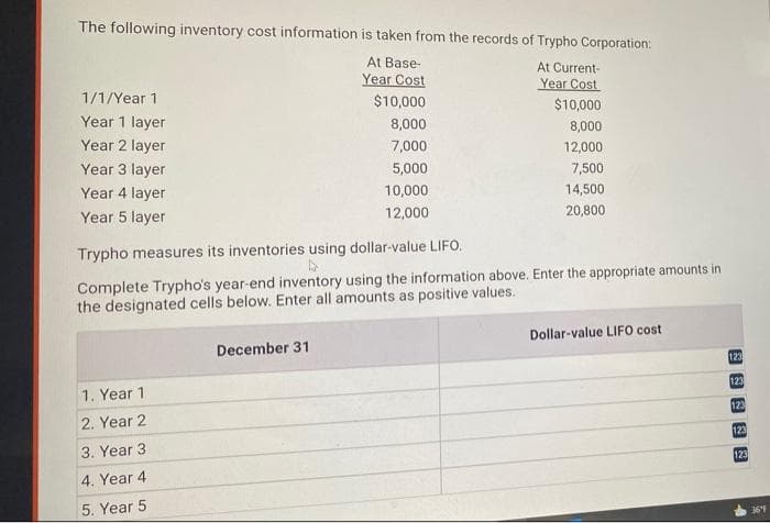 The following inventory cost information is taken from the records of Trypho Corporation:
At Base-
At Current-
Year Cost
Year Cost
1/1/Year 1
$10,000
$10,000
Year 1 layer
8,000
8,000
Year 2 layer
7,000
12,000
Year 3 layer
5,000
7,500
Year 4 layer
10,000
14,500
Year 5 layer
12,000
20,800
Trypho measures its inventories using dollar-value LIFO.
Complete Trypho's year-end inventory using the information above. Enter the appropriate amounts in
the designated cells below. Enter all amounts as positive values.
Dollar-value LIFO cost
December 31
123
123
1. Year 1
123
2. Year 2
123
3. Year 3
123
4. Year 4
5. Year 5
