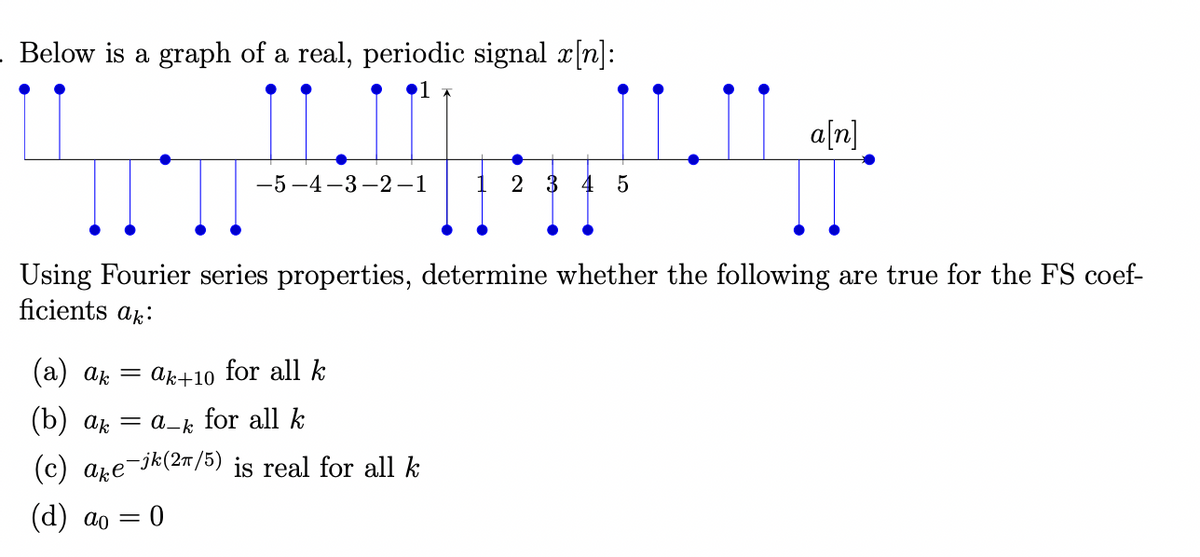 Below is a graph of a real, periodic signal x[n]:
**!!!!!!!
-5-4-3-2-1
(a) ak = ak+10 for all k
(b) ak = a_k for all k
(c) ake-jk(2π/5) is real for all k
Using Fourier series properties, determine whether the following are true for the FS coef-
ficients ak
(d) a =
2 3 4 5
= 0
a[n]