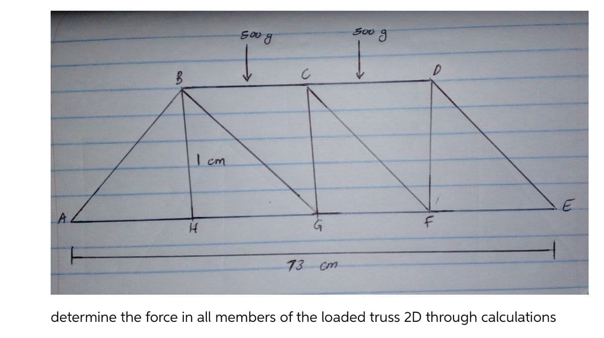 So0 g
SOU
I cm
E
14
73 Cm
determine the force in all members of the loaded truss 2D through calculations
