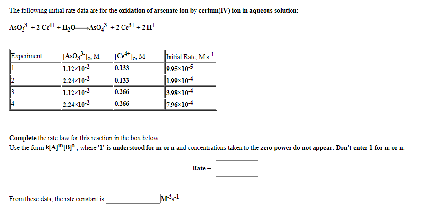The following initial rate data are for the oxidation of arsenate ion by cerium(IV) ion in aqueous solution:
Aso,- +2 Ce* + H,O¬AS0,- + 2 Ce+ + 2 H*
Ce*]. M
[AsOz lo, M
1.12x10-2
2.24×10-2
1.12x10-2
2.24x10-2
Initial Rate, Ms1
9.95x10-5
1.99x104
Experiment
1
0.133
0.133
3.98x10-4
7.96x10-4
3
0.266
14
0.266
Complete the rate law for this reaction in the box below.
Use the form k[A]m[B]" , where 'l' is understood for m or n and concentrations taken to the zero power do not appear. Don't enter 1 for m or n.
Rate =
From these data, the rate constant is
