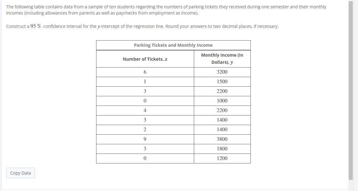 The following table contains data from a sample of ten students regarding the numbers of parking tickets they received during one semester and their monthly
incomes (including allowances from parents as well as paychecks from employment as income).
Construct a 95 % confidence interval for the y-intercept of the regression line. Round your answers to two decimal places, if necessary.
Parking Tickets and Monthly Income
Monthly Income (in
Number of Tickets, x
Dollars), y
3200
1500
3
2200
1000
4
2200
3
1400
1400
3800
3
1800
1200
Copy Data
