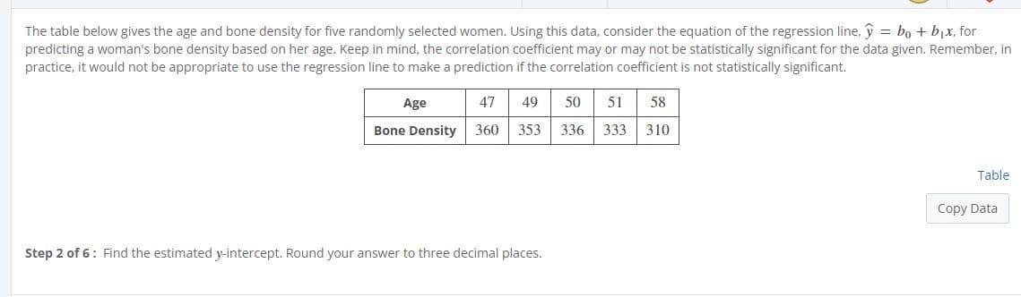 The table below gives the age and bone density for five randomly selected women. Using this data, consider the equation of the regression line, y = bo + bịx, for
predicting a woman's bone density based on her age. Keep in mind, the correlation coefficient may or may not be statistically significant for the data given. Remember, in
practice, it would not be appropriate to use the regression line to make a prediction if the correlation coefficient is not statistically significant.
Age
47
49
50
51
58
Bone Density
360
353
336 333
310
Table
Copy Data
Step 2 of 6: Find the estimated y-intercept. Round your answer to three decimal places.
