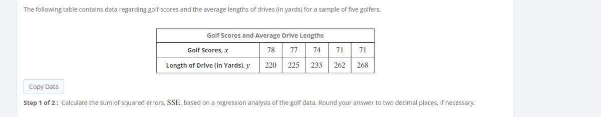The following table contains data regarding golf scores and the average lengths of drives (in yards) for a sample of five golfers.
Golf Scores and Average Drive Lengths
Golf Scores, x
78
77
74
71
71
Length of Drive (in Yards), y
220
225
233
262
268
Copy Data
Step 1 of 2: Calculate the sum of squared errors, SSE, based on a regression analysis of the golf data. Round your answer to two decimal places, if necessary.
