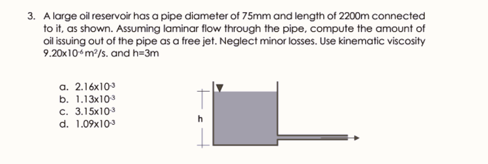 3. A large oil reservoir has a pipe diameter of 75mm and length of 2200m connected
to it, as shown. Assuming laminar flow through the pipe, compute the amount of
oil issuing out of the pipe as a free jet. Neglect minor losses. Use kinematic viscosity
9.20x106m?/s. and h=3m
a. 2.16x103
b. 1.13x10-3
c. 3.15x10-3
d. 1.09x103
