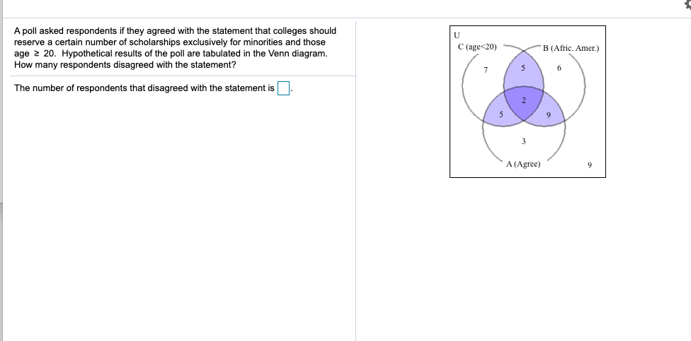 A poll asked respondents if they agreed with the statement that colleges should
reserve a certain number of scholarships exclusively for minorities and those
age 2 20. Hypothetical results of the poll are tabulated in the Venn diagram.
How many respondents disagreed with the statement?
C (age<20)
B (Afric. Amer.)
The number of respondents that disagreed with the statement is
A (Agree)
9.
