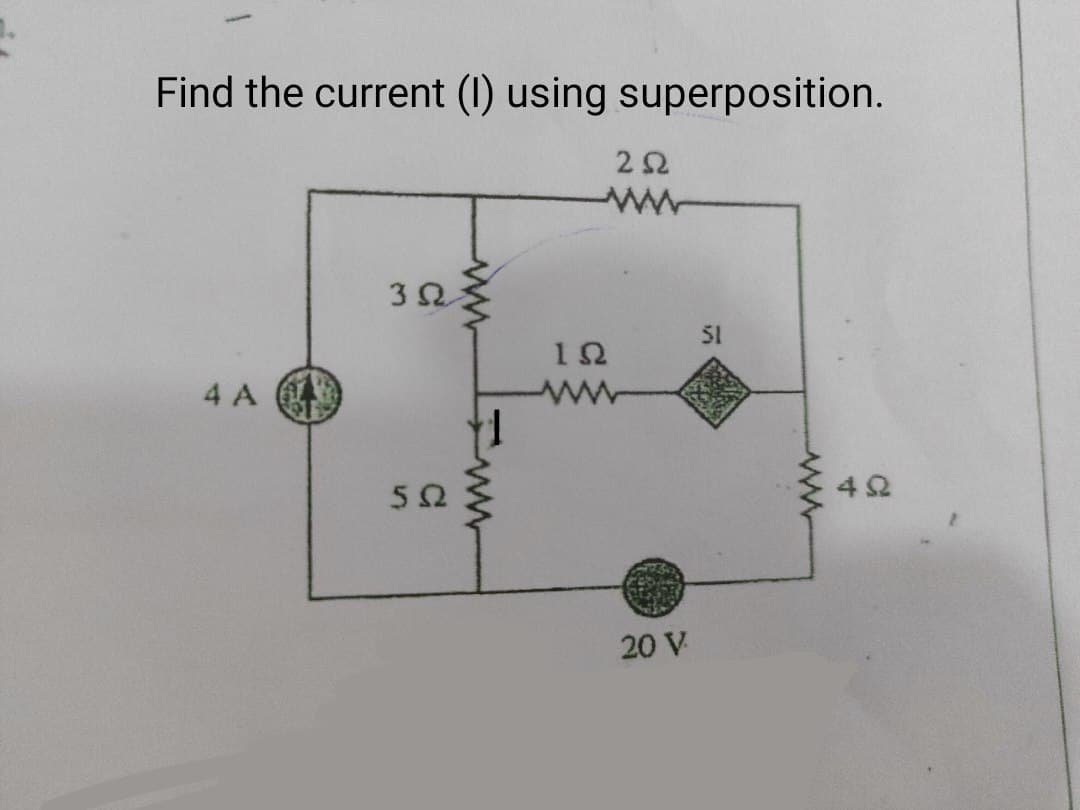 Find the current (I) using superposition.
4 Α
3 Ω
5Ω
ΖΩ
ww
ΙΩ
20 V
51
ΦΩ