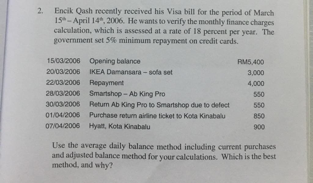 Encik Qash recently received his Visa bill for the period of March
15th-April 14th, 2006. He wants to verify the monthly finance charges
calculation, which is assessed at a rate of 18 percent per year. The
government set 5% minimum repayment on credit cards.
2.
15/03/2006
Opening balance
RM5,400
20/03/2006
IKEA Damansara - sofa set
3,000
22/03/2006
Repayment
4,000
28/03/2006
Smartshop - Ab King Pro
550
30/03/2006
Return Ab King Pro to Smartshop due to defect
550
01/04/2006
Purchase return airline ticket to Kota Kinabalu
850
07/04/2006
Hyatt, Kota Kinabalu
900
Use the average daily balance method including current purchases
and adjusted balance method for your calculations. Which is the best
method, and why?
