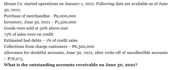 Mouse Co. started operations on January 1, 2021. Following data are available as of June
30, 2021:
Purchase of merchandise - P9,000,000
Inventory, June 30, 2021 – P1,500,000
Goods were sold at 50% above cost
75% of sales were on credit
Estimated bad debts – 19% of credit sales
Collections from charge customers – P6,300,000
Allowance for doubtful accounts, June 30, 2021, after write-off of uncollectible accounts
- P78,075.
What is the outstanding accounts receivable on June 30, 2021?
