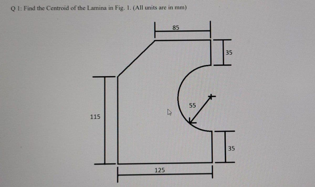 Q 1: Find the Centroid of the Lamina in Fig. 1. (All units are in mm)
85
35
55
115
35
125
