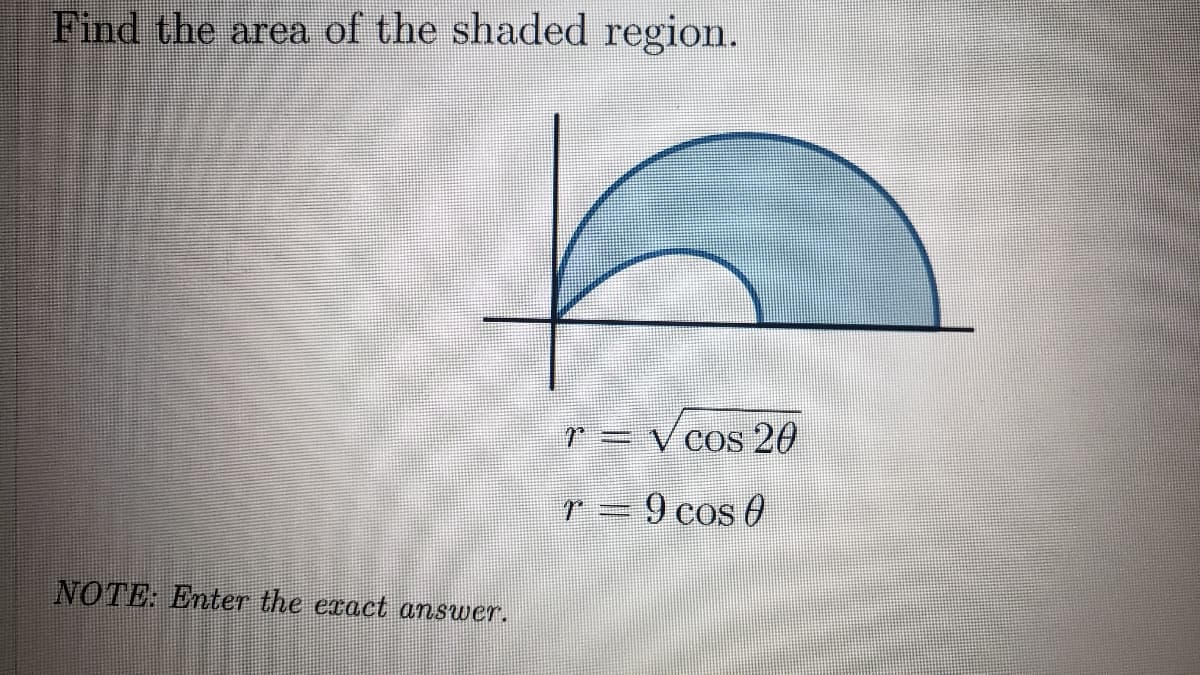 Find the area of the shaded region.
= V cos 20
9 cos 0
NOTE: Enter the exact answer.
..
r