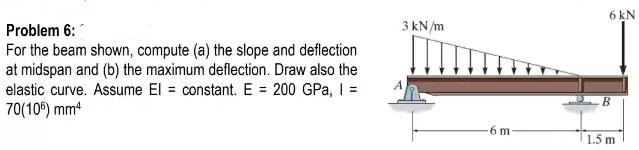 Problem 6:
For the beam shown, compute (a) the slope and deflection
at midspan and (b) the maximum deflection. Draw also the
elastic curve. Assume El = constant. E = 200 GPa, I =
70(106) mm4
3 kN/m
6 m
6 kN
B
1.5 m
