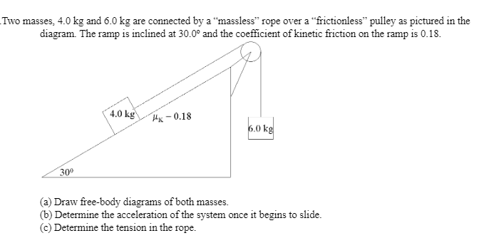 Two masses, 4.0 kg and 6.0 kg are connected by a "massless" rope over a "frictionless" pulley as pictured in the
diagram. The ramp is inclined at 30.0° and the coefficient of kinetic friction on the ramp is 0.18.
4.0 kg
Mк - 0.18
6.0 kg
30°
(a) Draw free-body diagrams of both masses.
(b) Determine the acceleration of the system once it begins to slide.
(c) Determine the tension in the rope.
