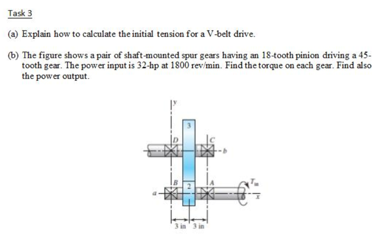 Task 3
(a) Explain how to calculate the initial tension for a V-belt drive.
(b) The figure shows a pair of shaft-mounted spur gears having an 18-tooth pinion driving a 45-
tooth gear. The power input is 32-hp at 1800 rev/min. Find the torque on each gear. Find also
the power output.
3 in' 3 in
