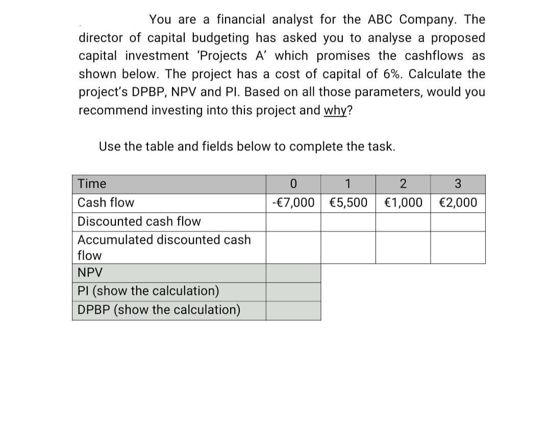 You are a financial analyst for the ABC Company. The
director of capital budgeting has asked you to analyse a proposed
capital investment 'Projects A' which promises the cashflows as
shown below. The project has a cost of capital of 6%. Calculate the
project's DPBP, NPV and Pl. Based on all those parameters, would you
recommend investing into this project and why?
Use the table and fields below to complete the task.
Time
1
Cash flow
-€7,000 €5,500
€1,000 €2,000
Discounted cash flow
Accumulated discounted cash
flow
NPV
PI (show the calculation)
DPBP (show the calculation)
