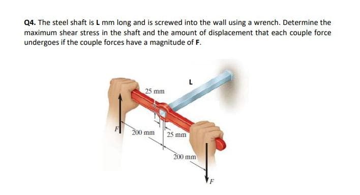 Q4. The steel shaft is L mm long and is screwed into the wall using a wrench. Determine the
maximum shear stress in the shaft and the amount of displacement that each couple force
undergoes if the couple forces have a magnitude of F.
L
25 mm
200 mm
25 mm
200 mm
