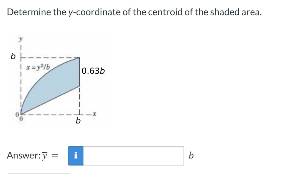 Determine the y-coordinate of the centroid of the shaded area.
y
I
bH
1 x=y²/b
Answer: y =
b
0.63b
b