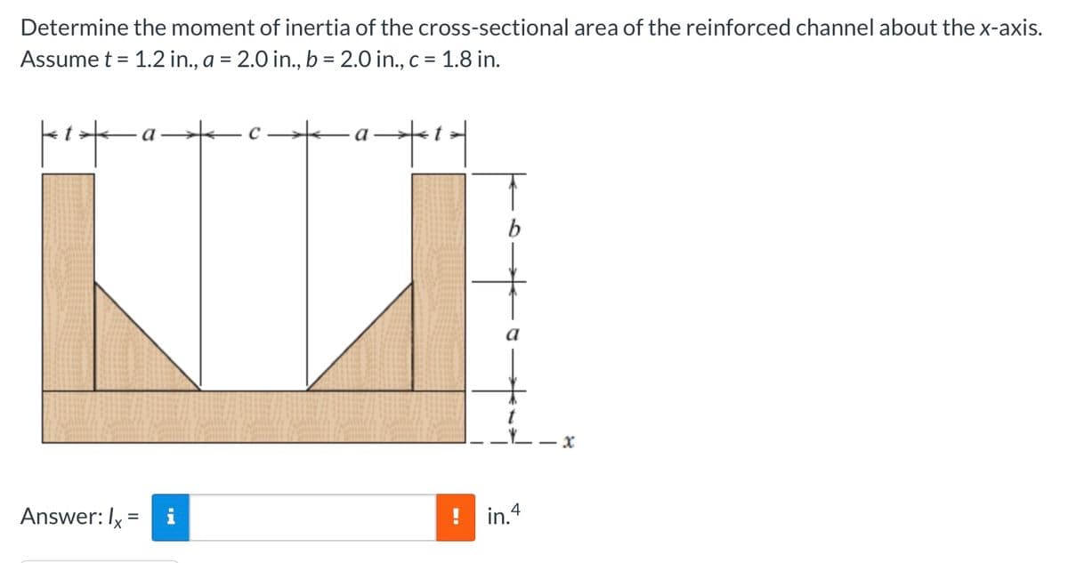 Determine the moment of inertia of the cross-sectional area of the reinforced channel about the x-axis.
Assume t = 1.2 in., a = 2.0 in., b = 2.0 in., c = 1.8 in.
kita.
Answer: Ix:
=
a
!in.4
-x