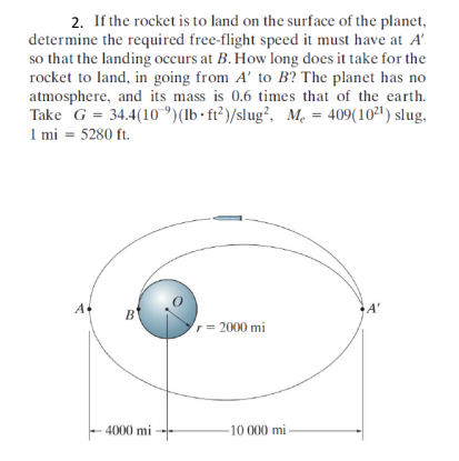 2. If the rocket is to land on the surface of the planet,
determine the required free-flight speed it must have at A'
so that the landing occurs at B. How long does it take for the
rocket to land, in going from A' to B? The planet has no
atmosphere, and its mass is 0.6 times that of the earth.
Take G = 34.4(10 ")(lb • ft² )/slug², Mẹ = 409(10²') slug,
1 mi = 5280 ft.
A+
B'
Y
A'
= 2000 mi
4000 mi
-10 000 mi

