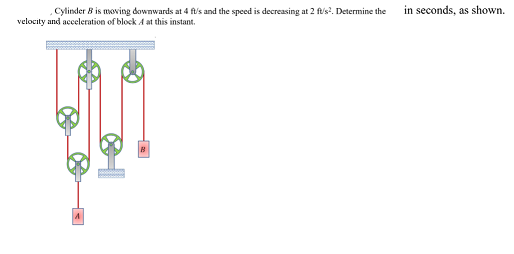 Cylinder 8 is moving downwards at 4 fl's and the speed is decreasing at 2 fus?. Determine the in seconds, as shown.
velocity and acceleration of block A at this instant.
