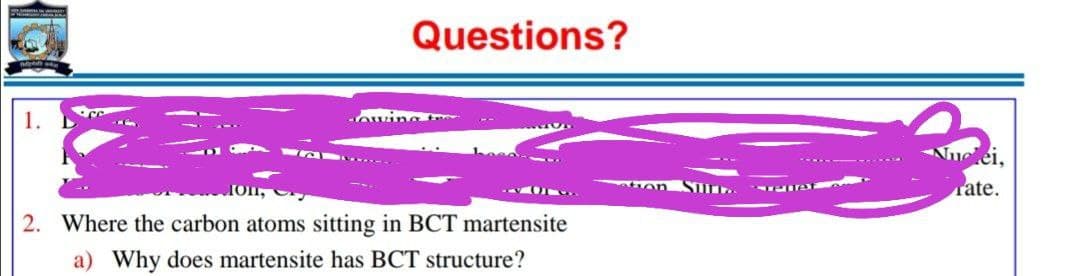 Questions?
Awing
Nuclei,
hee-
Su..
rate.
2. Where the carbon atoms sitting in BCT martensite
a) Why does martensite has BCT structure?
