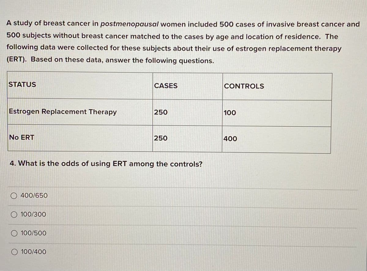 A study of breast cancer in postmenopausal women included 500 cases of invasive breast cancer and
500 subjects without breast cancer matched to the cases by age and location of residence. The
following data were collected for these subjects about their use of estrogen replacement therapy
(ERT). Based on these data, answer the following questions.
STATUS
CASES
CONTROLS
Estrogen Replacement Therapy
250
100
No ERT
250
400
4. What is the odds of using ERT among the controls?
O 400/650
O 100/300
100/500
100/400
