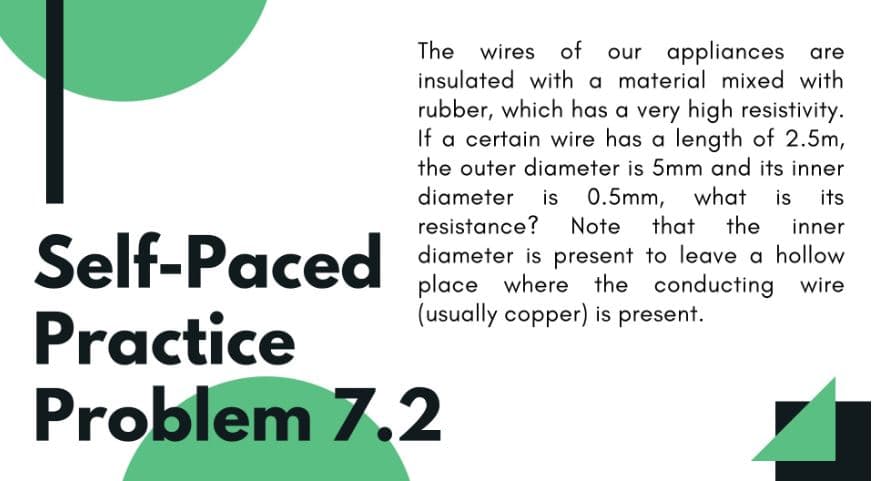 The wires of our appliances are
insulated with a material mixed with
rubber, which has a very high resistivity.
If a certain wire has a length of 2.5m,
the outer diameter is 5mm and its inner
diameter is
0.5mm, what
that
is its
the
resistance?
diameter is present to leave a hollow
place where the conducting wire
(usually copper) is present.
Note
inner
Self-Paced
Practice
Problem 7.2
